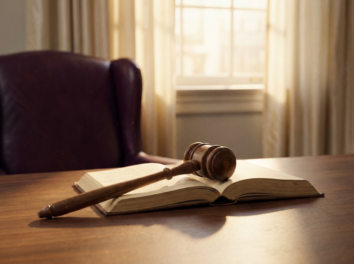 A gavel resting on an open law book in golden light