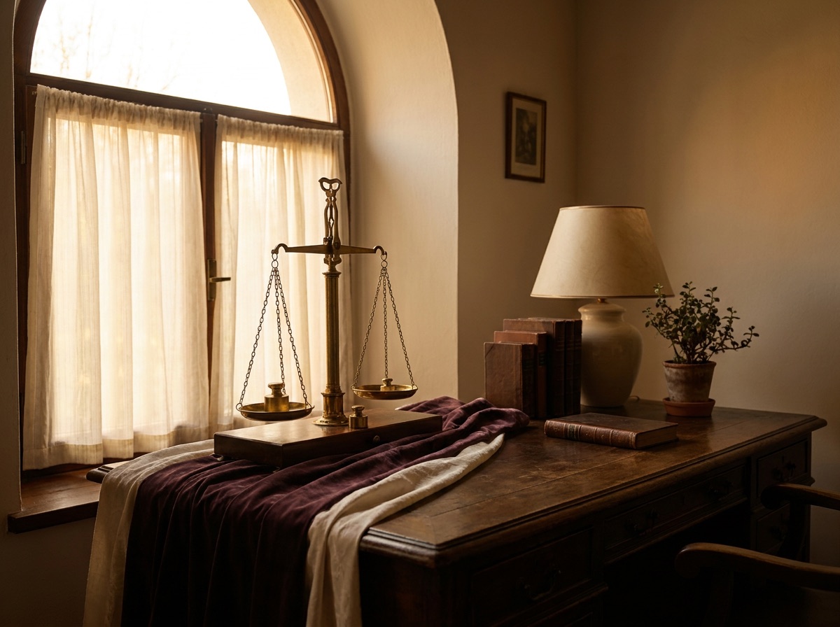 A brass balance scale on a wooden desk in soft window light