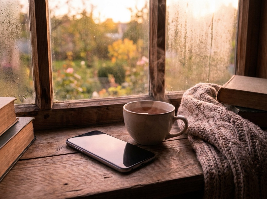 A phone and a cup of tea on a windowsill in soft light